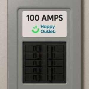 A gray electrical breaker panel labeled 100 AMPS with a sticker reading Happy Outlet and a green smiling face logo above the black circuit breakers.