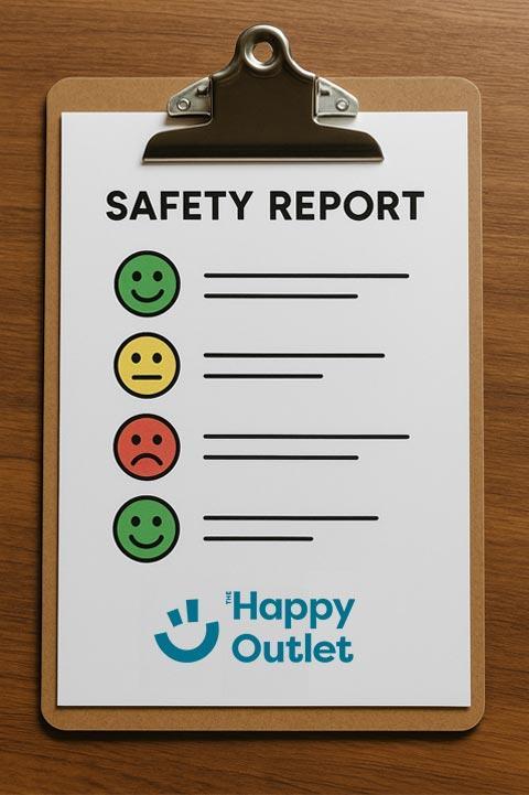 A clipboard holds a safety report form with four faces: green smiling, yellow neutral, red frowning, and green smiling. The form is branded with the Happy Outlet logo at the bottom.