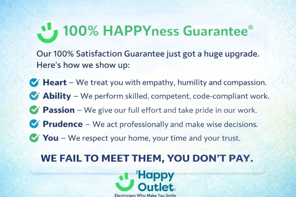 Image showing a 100% HAPPYness Guarantee from Happy Outlet. It lists values: Heart, Ability, Passion, Prudence, and You, each with a brief description. Bottom text states: WE FAIL TO MEET THEM, YOU DON’T PAY.